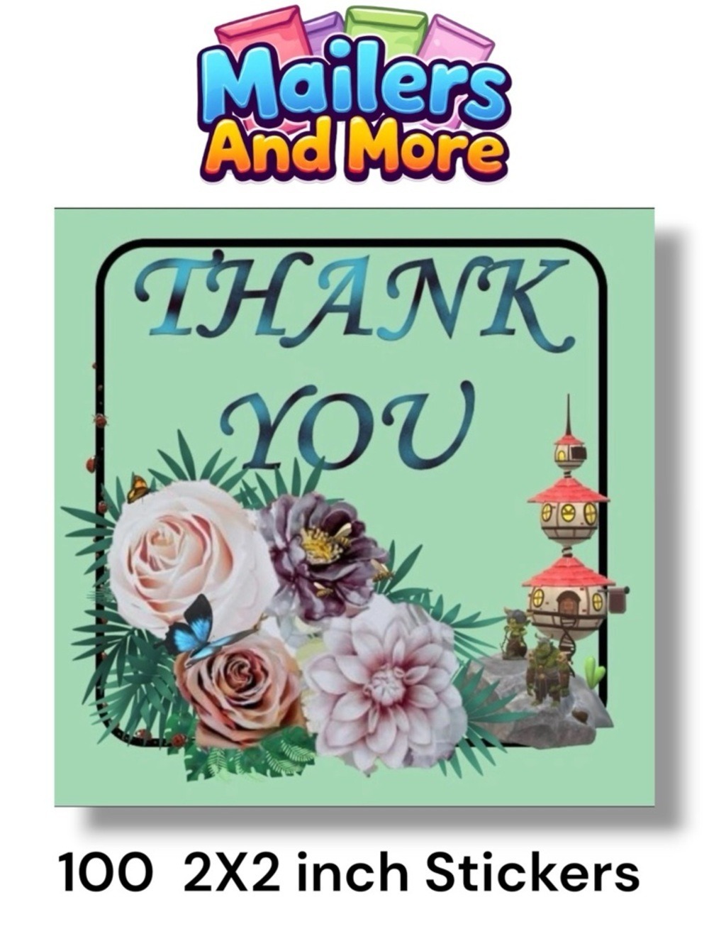 100 (2x2 Inch) Square Stickers, Boho Spring , LadyBugs, High Gloss, Thank You